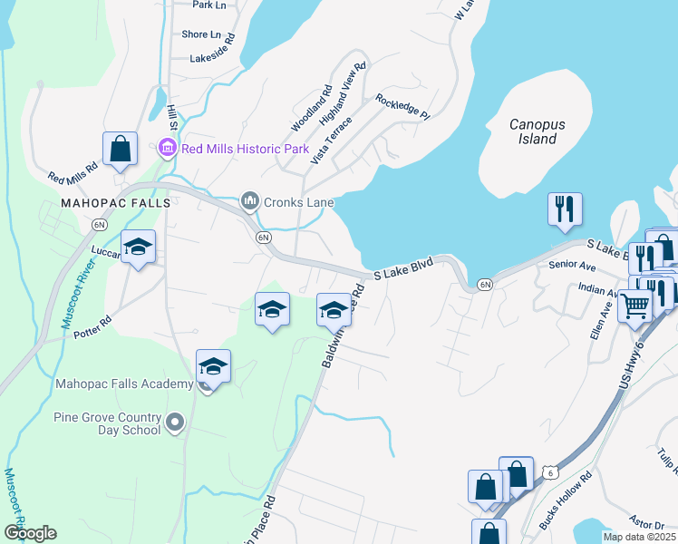 map of restaurants, bars, coffee shops, grocery stores, and more near 694 New York 6N in Mahopac