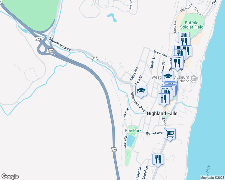 map of restaurants, bars, coffee shops, grocery stores, and more near 26 Mearns Avenue in Highland Falls