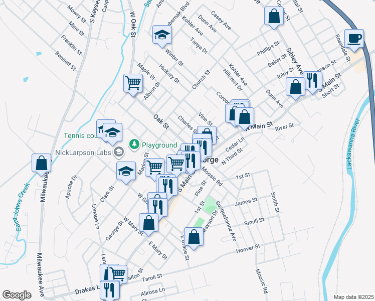 map of restaurants, bars, coffee shops, grocery stores, and more near 131 Sussex Street in Old Forge