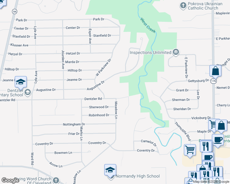 map of restaurants, bars, coffee shops, grocery stores, and more near 2472 Dentzler Road in Parma