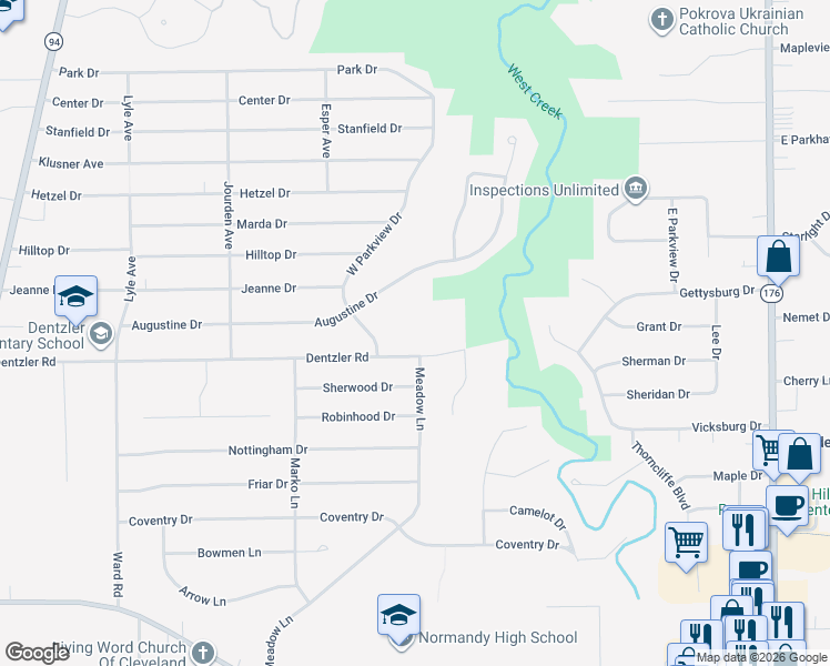 map of restaurants, bars, coffee shops, grocery stores, and more near 2472 Dentzler Road in Parma