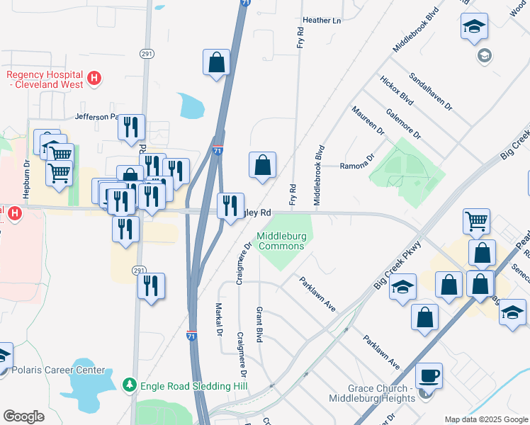 map of restaurants, bars, coffee shops, grocery stores, and more near 16717-16877 Bagley Rd in Middleburg Heights