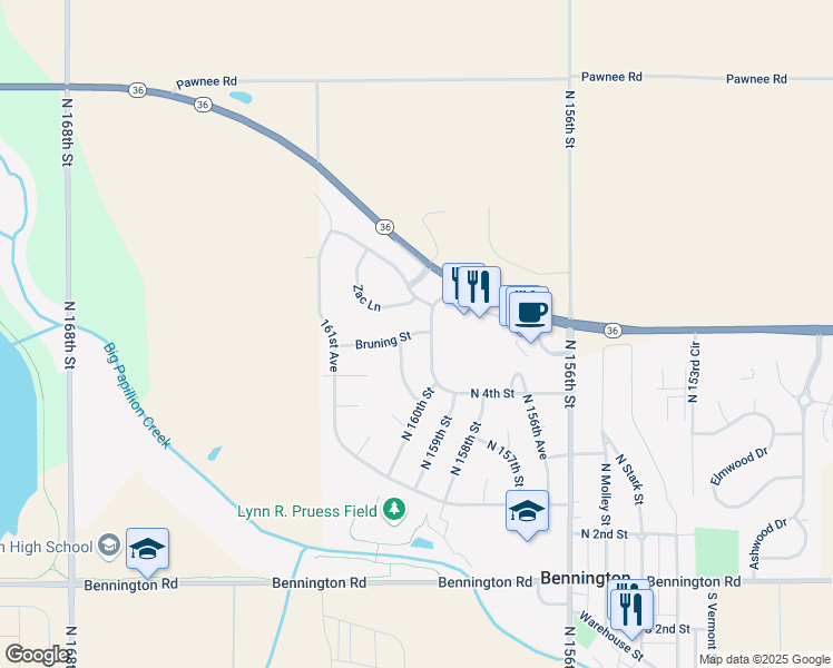 map of restaurants, bars, coffee shops, grocery stores, and more near 12310 North 161st Street in Bennington
