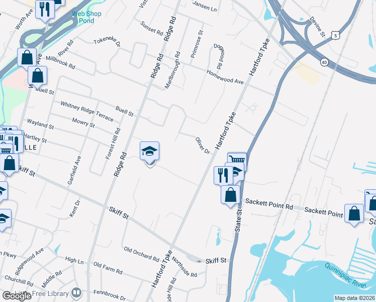 map of restaurants, bars, coffee shops, grocery stores, and more near 29 Cromwell Road in North Haven