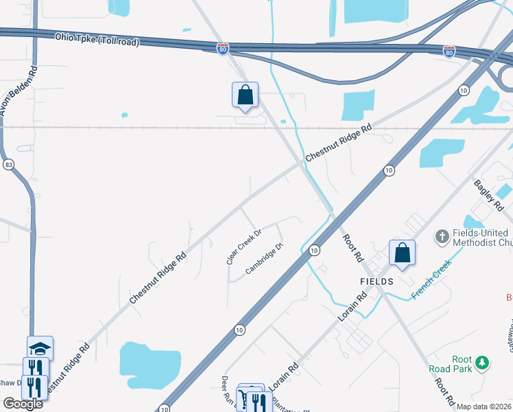 map of restaurants, bars, coffee shops, grocery stores, and more near 34875 Chestnut Ridge Road in North Ridgeville