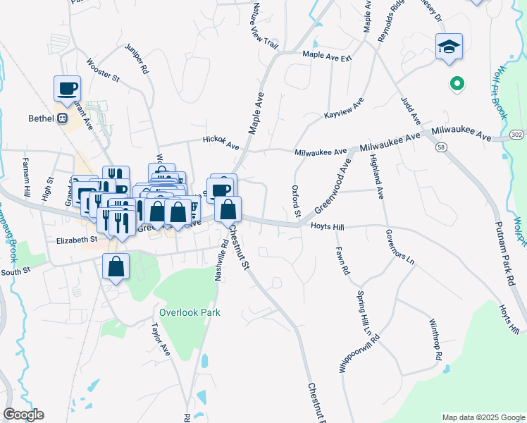 map of restaurants, bars, coffee shops, grocery stores, and more near 3 Prospect Street in Bethel