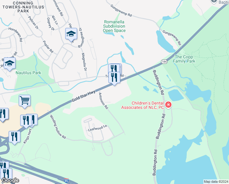 map of restaurants, bars, coffee shops, grocery stores, and more near 495 Gold Star Highway in Groton