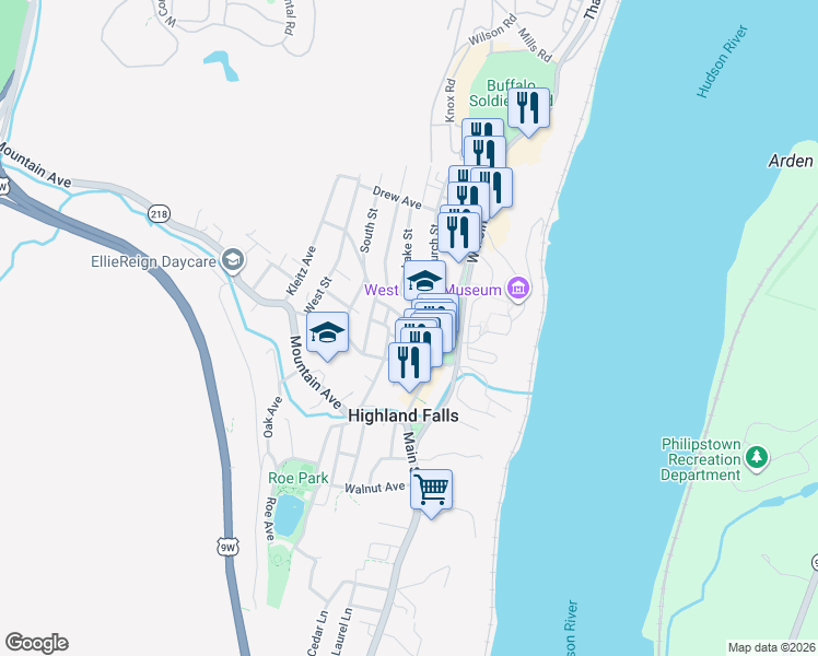 map of restaurants, bars, coffee shops, grocery stores, and more near 35 Tobins Lane in Highland Falls