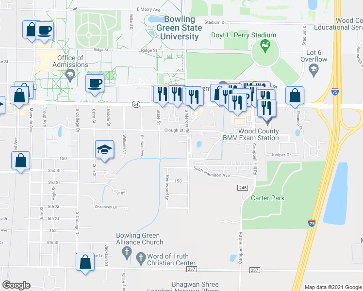 map of restaurants, bars, coffee shops, grocery stores, and more near 216 South Mercer Road in Bowling Green