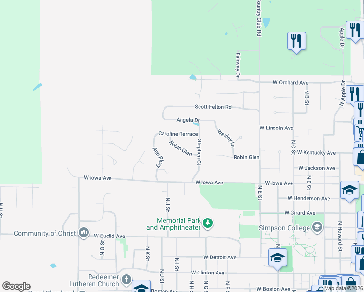 map of restaurants, bars, coffee shops, grocery stores, and more near 1000 Robin Glen in Indianola