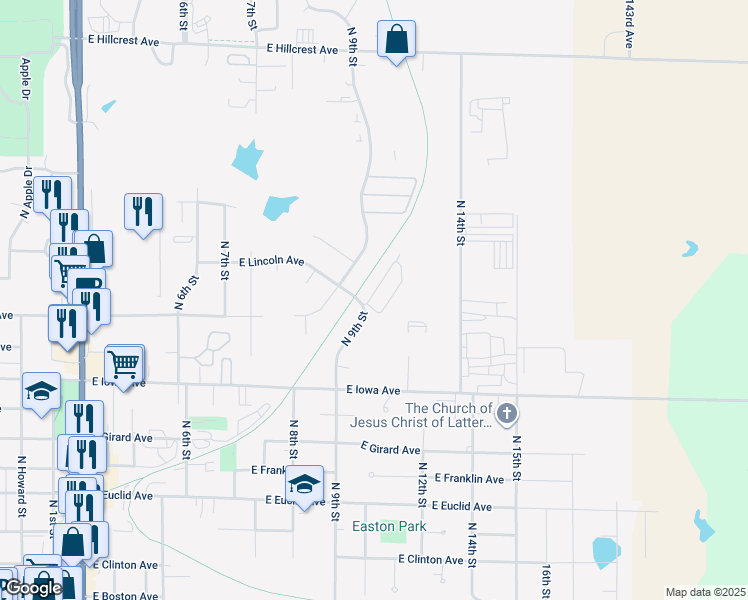 map of restaurants, bars, coffee shops, grocery stores, and more near 1210 North 9th Street in Indianola
