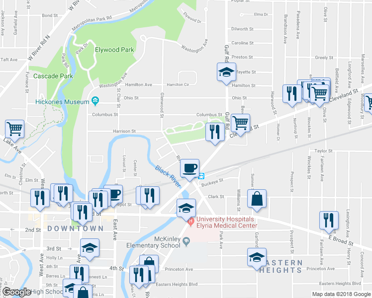 map of restaurants, bars, coffee shops, grocery stores, and more near 107 Bailey Court in Elyria