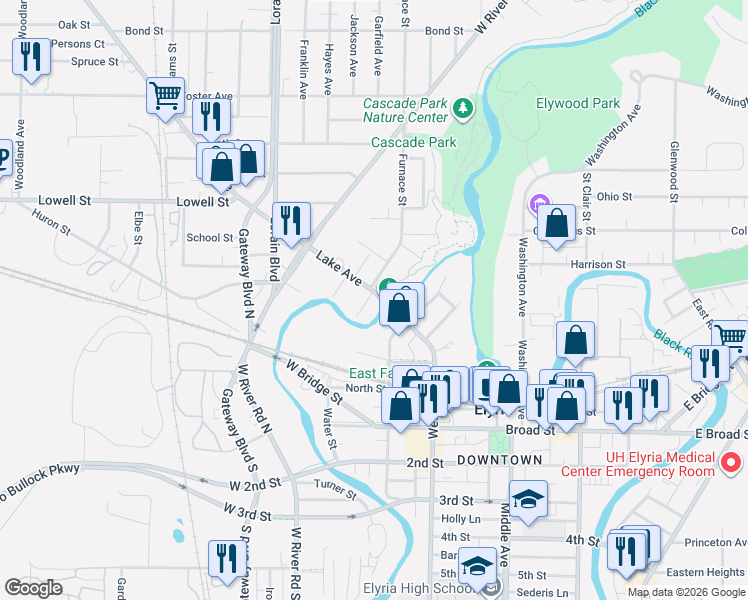 map of restaurants, bars, coffee shops, grocery stores, and more near 168 Lake Avenue in Elyria