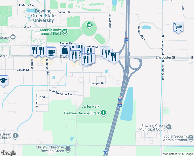 map of restaurants, bars, coffee shops, grocery stores, and more near 1700 Juniper Drive in Bowling Green