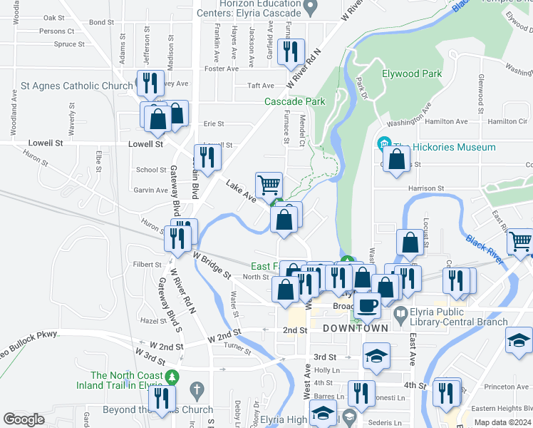 map of restaurants, bars, coffee shops, grocery stores, and more near 168 Lake Avenue in Elyria