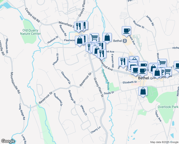 map of restaurants, bars, coffee shops, grocery stores, and more near 75 Grassy Plain Street in Bethel