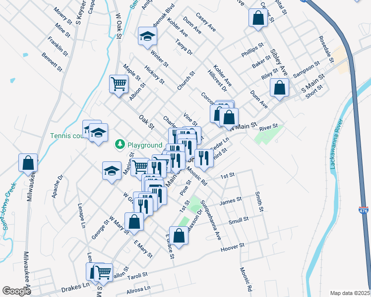 map of restaurants, bars, coffee shops, grocery stores, and more near in Old Forge