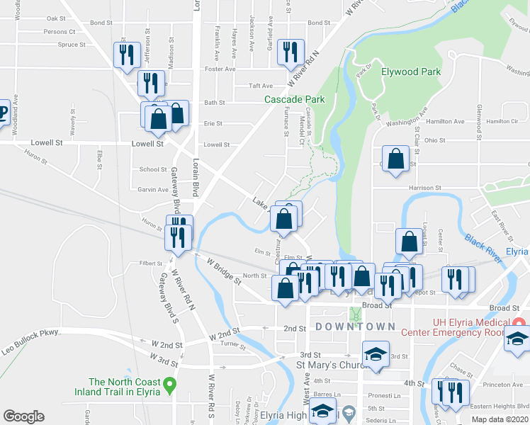 map of restaurants, bars, coffee shops, grocery stores, and more near 115 Kaiser Court in Elyria