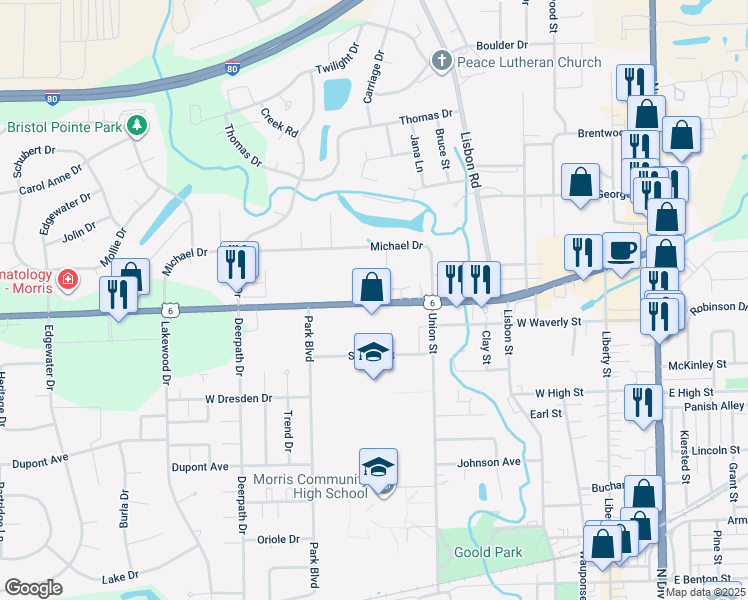 map of restaurants, bars, coffee shops, grocery stores, and more near 630 Caisley Court in Morris