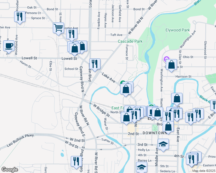 map of restaurants, bars, coffee shops, grocery stores, and more near 122 Neufer Ct in Elyria