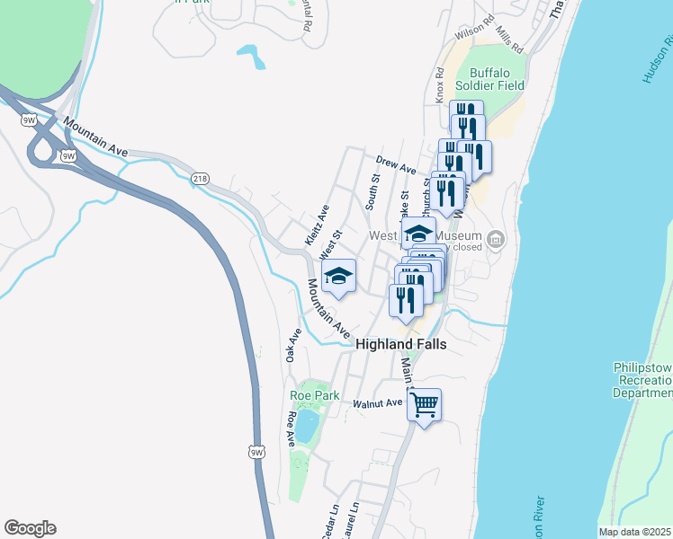 map of restaurants, bars, coffee shops, grocery stores, and more near 61 Schneider Avenue in Highland Falls