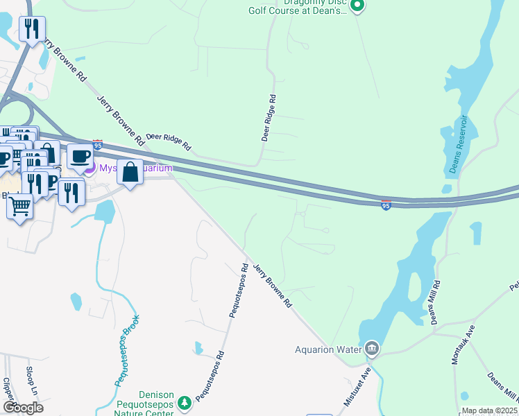 map of restaurants, bars, coffee shops, grocery stores, and more near 50 Perkins Farm Road in Stonington