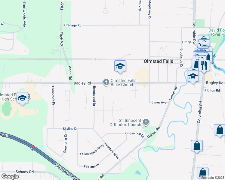 map of restaurants, bars, coffee shops, grocery stores, and more near 26517 Bagley Rd in Olmsted Falls