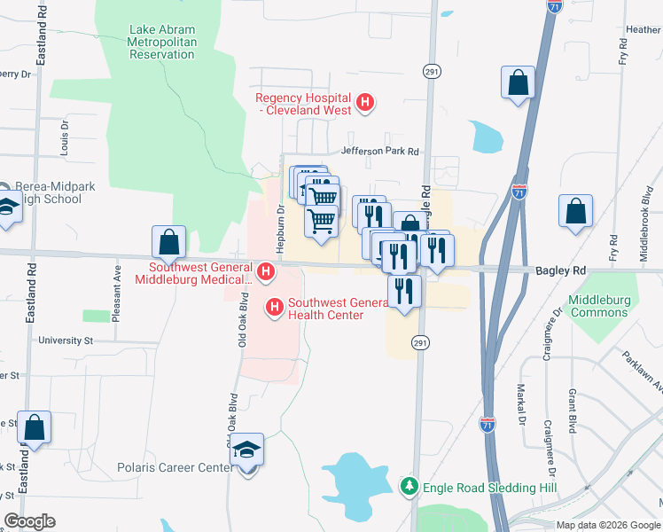 map of restaurants, bars, coffee shops, grocery stores, and more near 18149-18473 Bagley Road in Middleburg Heights