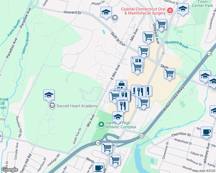 map of restaurants, bars, coffee shops, grocery stores, and more near 613-675 Mix Avenue in Hamden