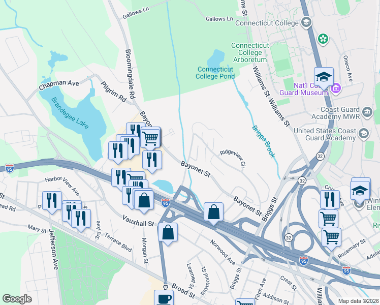 map of restaurants, bars, coffee shops, grocery stores, and more near 23 Hawthorne Drive North in New London