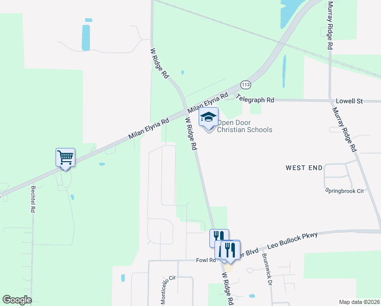 map of restaurants, bars, coffee shops, grocery stores, and more near 8310 West Ridge Road in Elyria