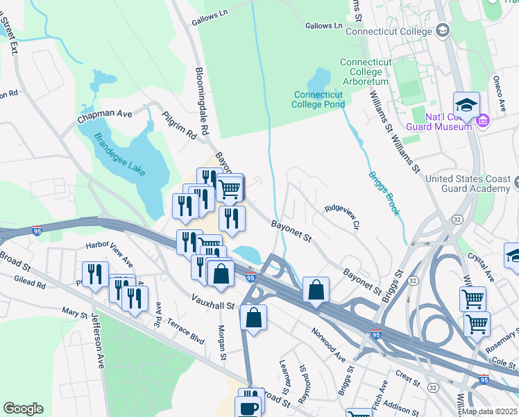 map of restaurants, bars, coffee shops, grocery stores, and more near 453 Bayonet Street in New London