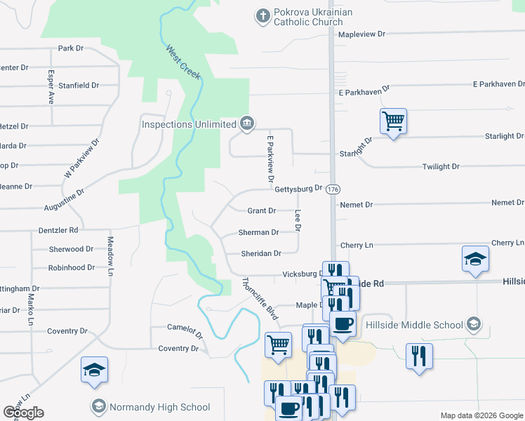 map of restaurants, bars, coffee shops, grocery stores, and more near 1401 Grant Drive in Parma
