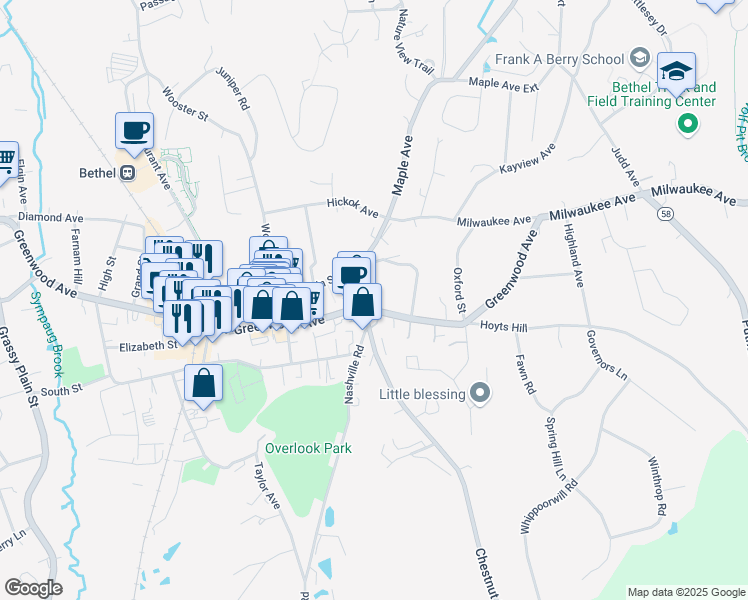 map of restaurants, bars, coffee shops, grocery stores, and more near 76 Greenwood Avenue in Bethel