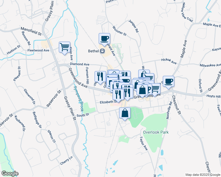 map of restaurants, bars, coffee shops, grocery stores, and more near 212 Greenwood Avenue in Bethel