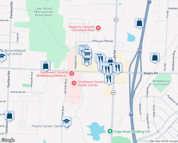 map of restaurants, bars, coffee shops, grocery stores, and more near 18149-18473 Bagley Road in Middleburg Heights