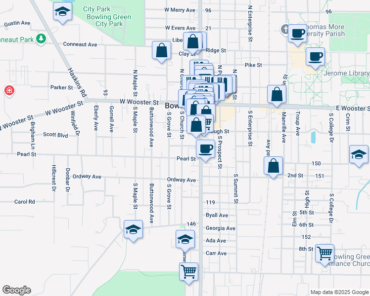 map of restaurants, bars, coffee shops, grocery stores, and more near 136 Pearl Street in Bowling Green