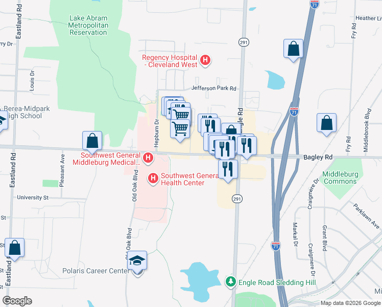map of restaurants, bars, coffee shops, grocery stores, and more near 18149 Bagley Road in Cleveland