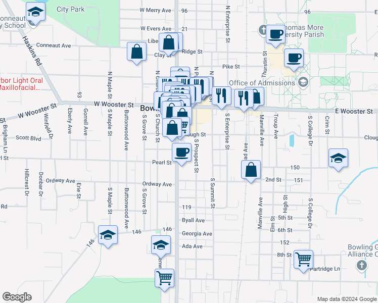 map of restaurants, bars, coffee shops, grocery stores, and more near 130 East Washington Street in Bowling Green
