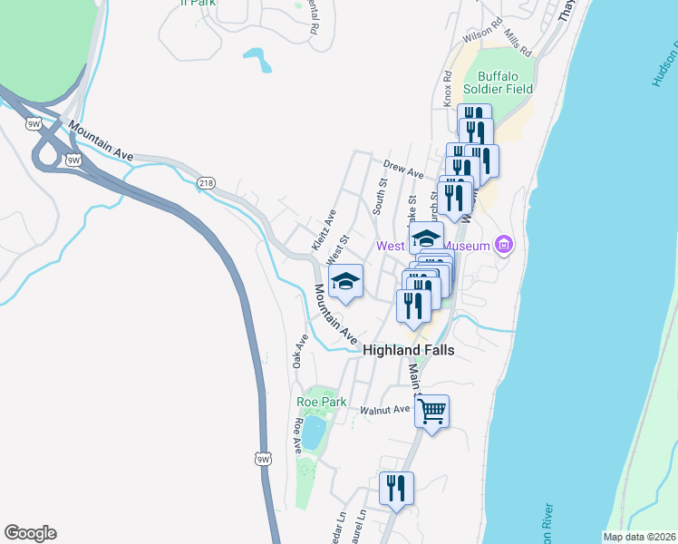 map of restaurants, bars, coffee shops, grocery stores, and more near 61 Schneider Avenue in Highland Falls