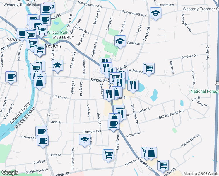 map of restaurants, bars, coffee shops, grocery stores, and more near 124 Granite Street in Westerly
