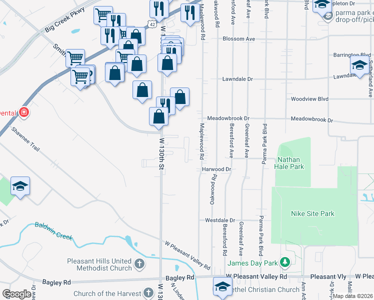 map of restaurants, bars, coffee shops, grocery stores, and more near 7085 W 130th St in Parma Heights