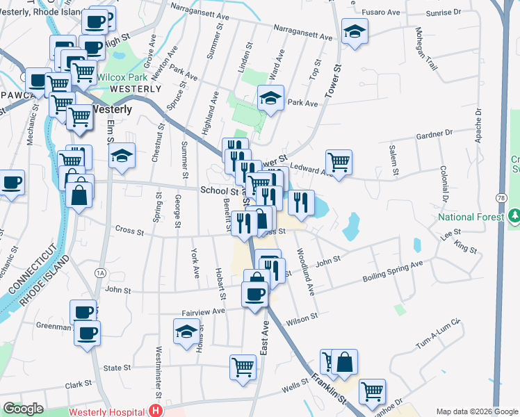 map of restaurants, bars, coffee shops, grocery stores, and more near 124 Granite Street in Westerly