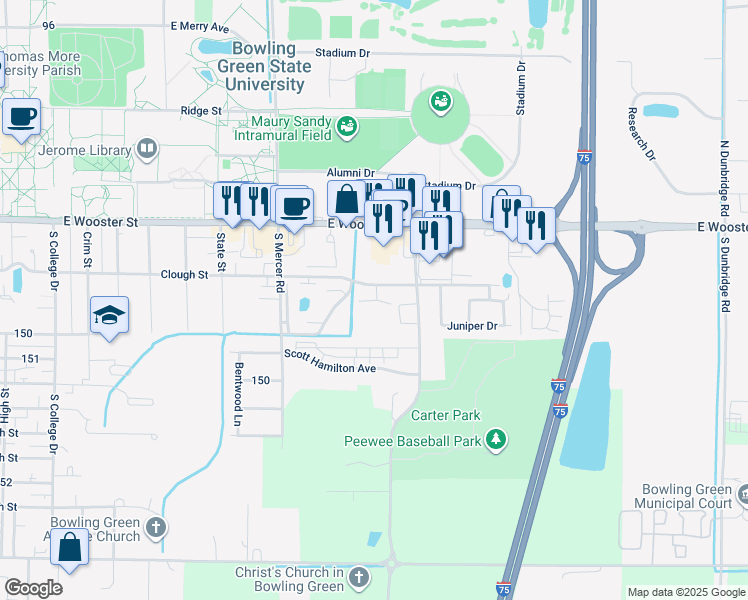 map of restaurants, bars, coffee shops, grocery stores, and more near 1550 Clough Street in Bowling Green