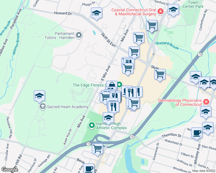 map of restaurants, bars, coffee shops, grocery stores, and more near 42 Highview Terrace in Hamden