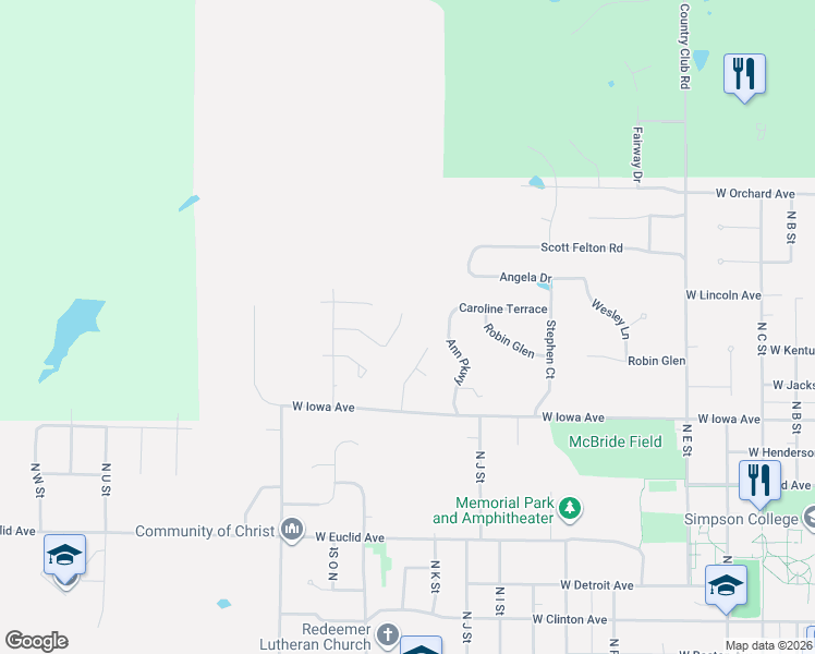 map of restaurants, bars, coffee shops, grocery stores, and more near 1105 North L Street in Indianola