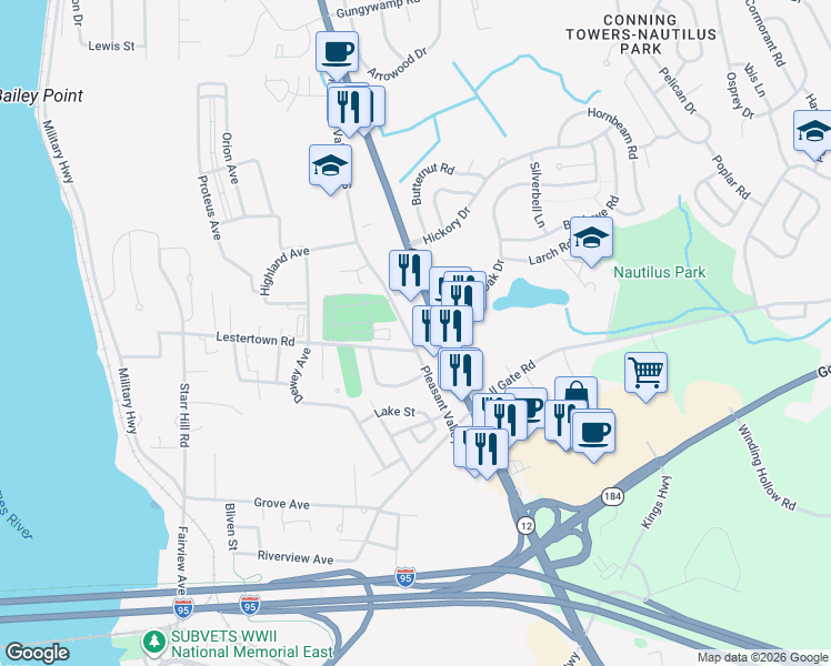 map of restaurants, bars, coffee shops, grocery stores, and more near 208 Pleasant Valley Road South in Groton