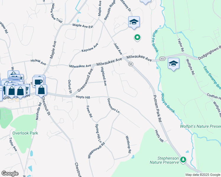 map of restaurants, bars, coffee shops, grocery stores, and more near 84 Hoyts Hill in Bethel