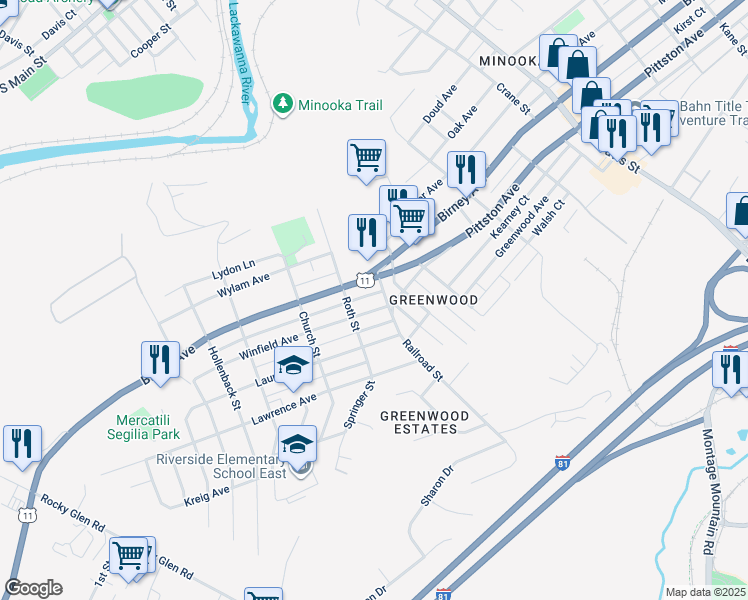 map of restaurants, bars, coffee shops, grocery stores, and more near 3519 Winfield Avenue in Moosic