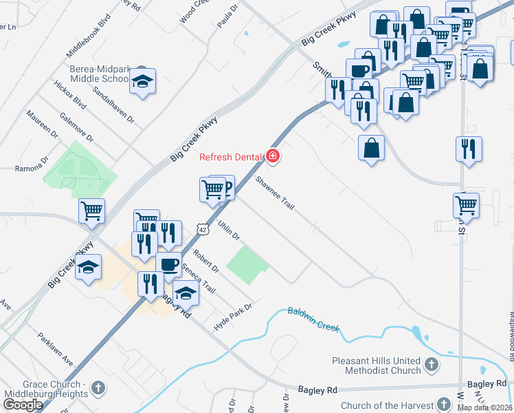 map of restaurants, bars, coffee shops, grocery stores, and more near 14371 Old Pleasant Valley Road in Middleburg Heights